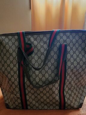 Gucci GG Supreme Cherry Line Tote w Green & Red Web Straps EUC Approx 23x15 1/2